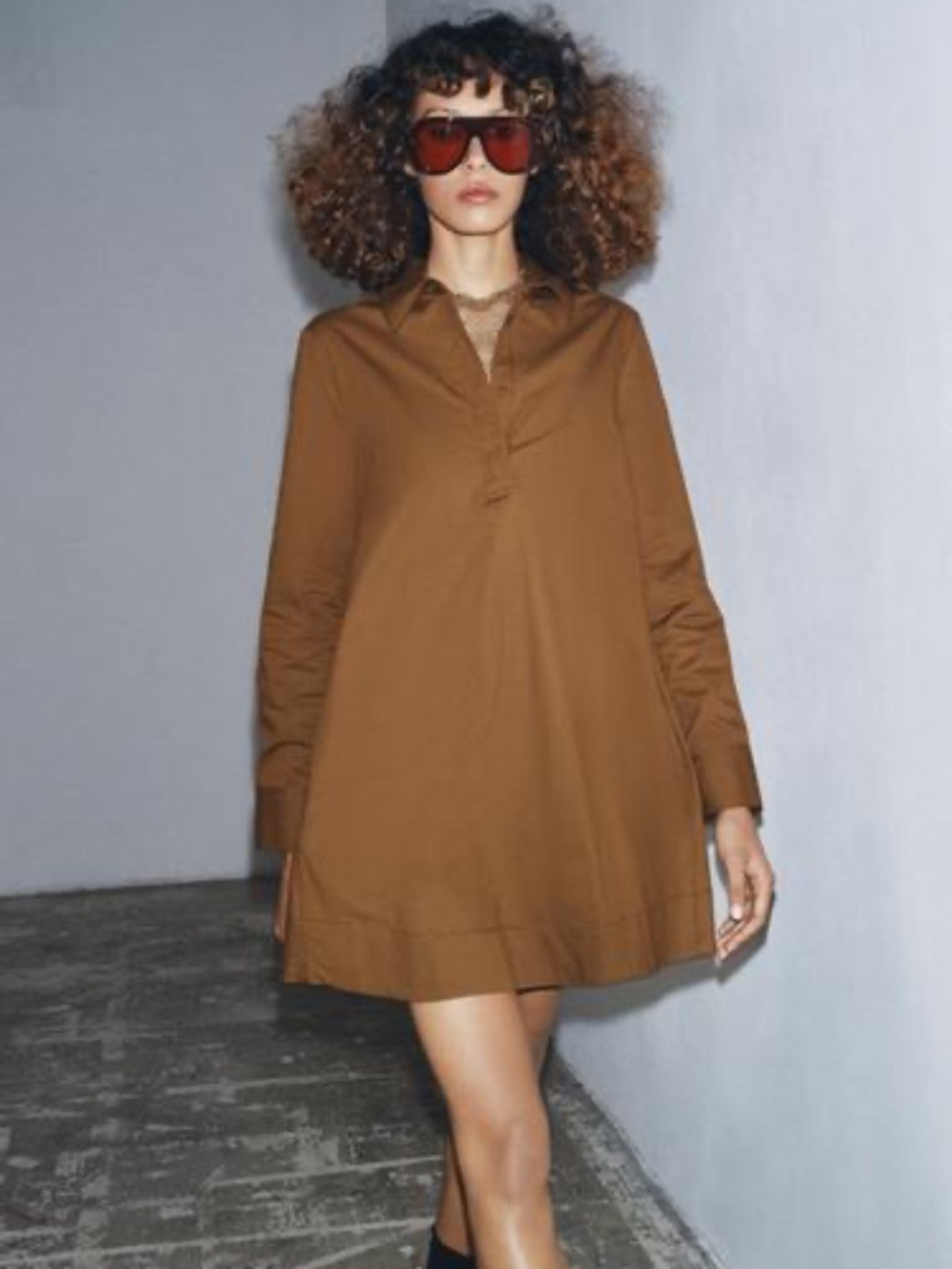 NWOT Zara Collection Chemise Poplin Shirtdress w Pockets in Brown - Size Small